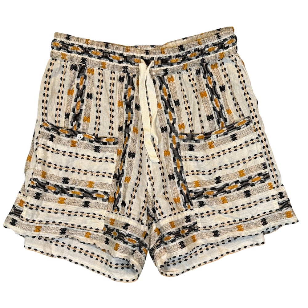 Dylan Geometric Print Shorts Womens Small Cream Mustard Boho Woven Drawstring
